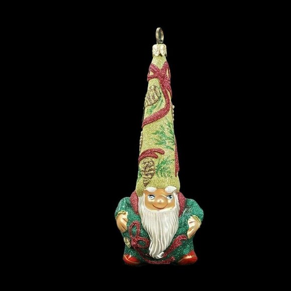 Glitterazzi Joy To The‎ World Golden Cone Gnome Christmas Ornament Glass Retired